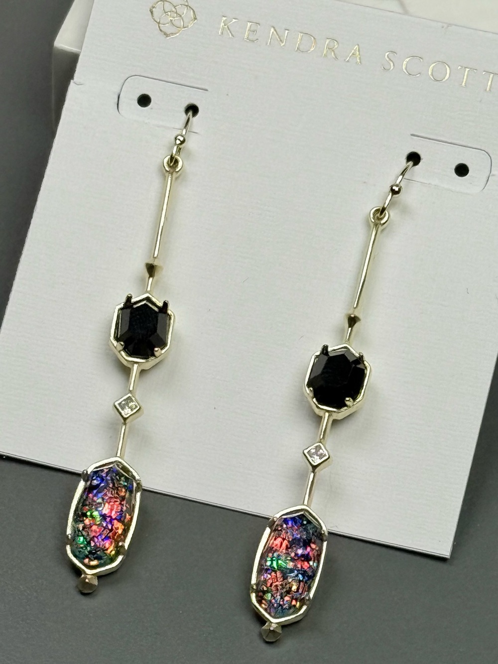 Kendra Scott Mary Gene Gold Earrings in Black Glitter Glass with Black Top